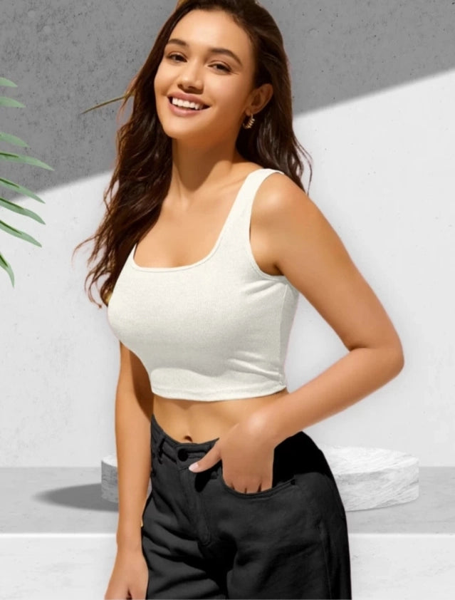 Women's Cotton Blend Solid Crop Top – White Casual Sleeveless Top